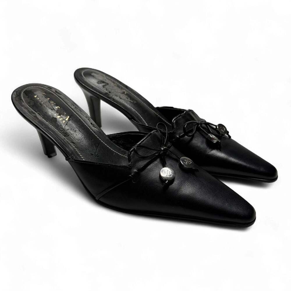 Black leather mules with pointed toe and bow detail kitten size 7.5 Ralph Lauren